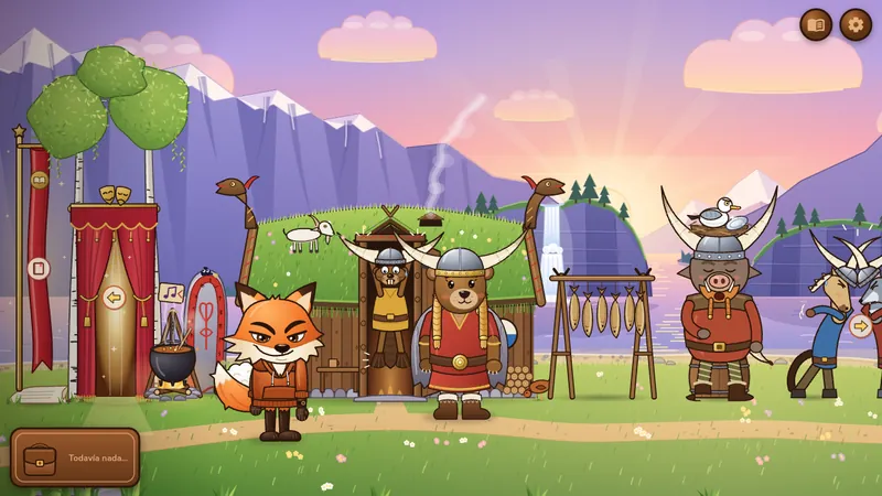Foxy en la aldea vikinga, donde todos los vikingos llevan cuernos en el casco