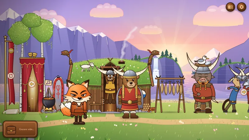 Foxy dans le village viking, où tous les Vikings ont des cornes sur leur casque
