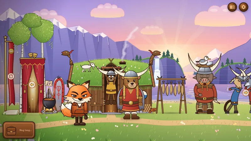 Foxy in het Vikingdorp, waar alle Vikingen hoorns op hun helm hebben