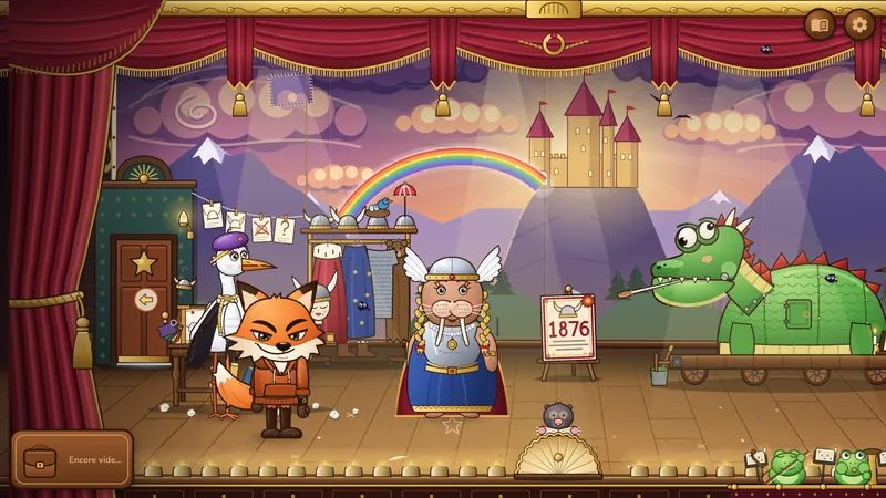 Foxy sur une scène d'opéra, avec un dragon en bois