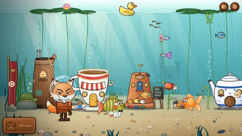 Foxy underwater, with a goldfish bowl as a diving helmet
