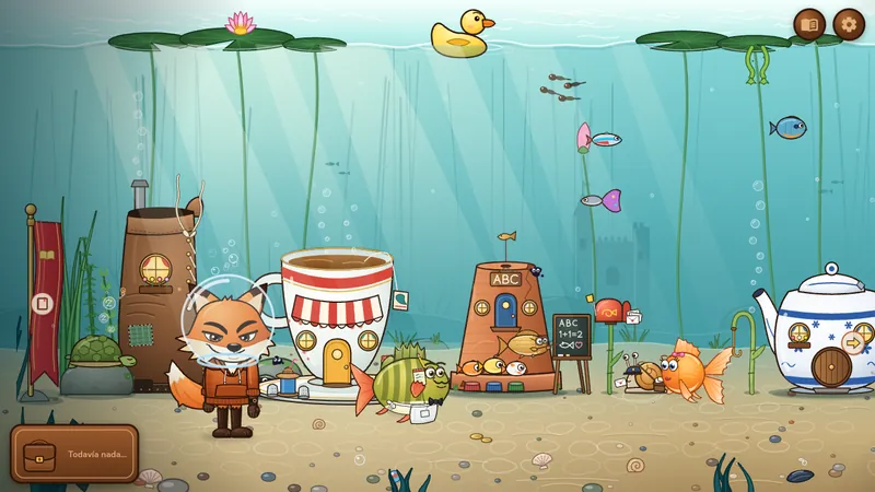 Foxy bajo el agua, con una pecera como casco de buzo