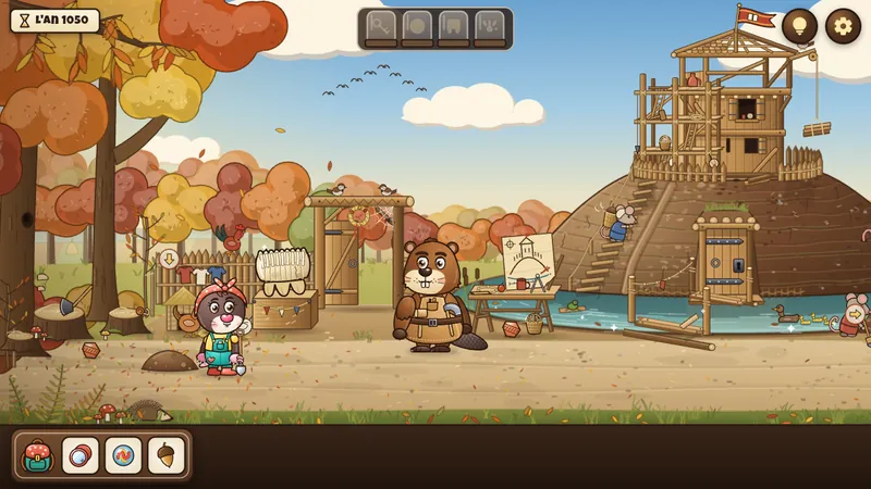 Noor avec Maître Rongeur, le castor, devant un château en bois sur une butte