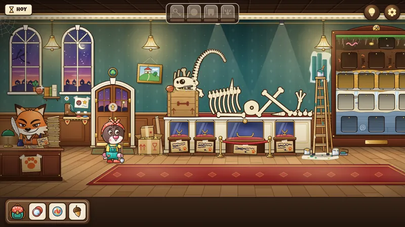 Noor en la sala del museo, con Foxy detrás del mostrador y un gran esqueleto