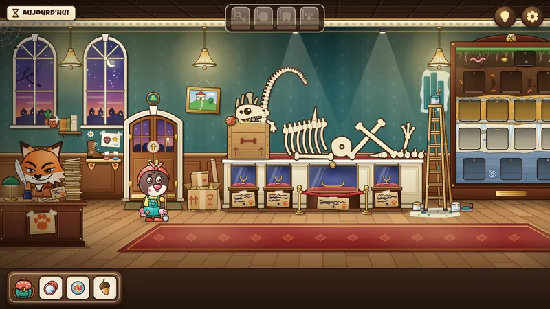 Noor dans la salle du musée, avec Foxy derrière le comptoir et un grand squelette