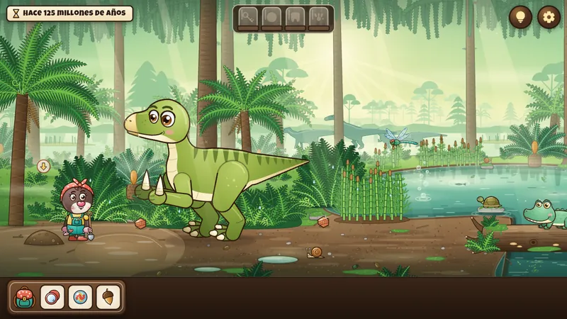Noor junto a un dinosaurio verde en un pantano con helechos