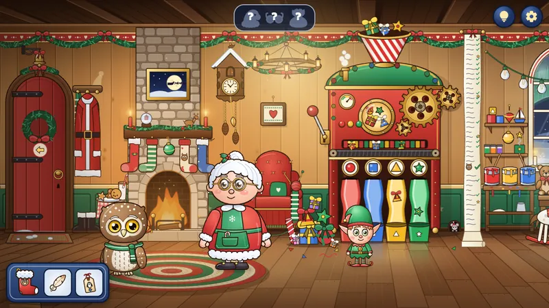 Pip in de werkplaats van de Kerstman, bij de Kerstvrouw en een elfje